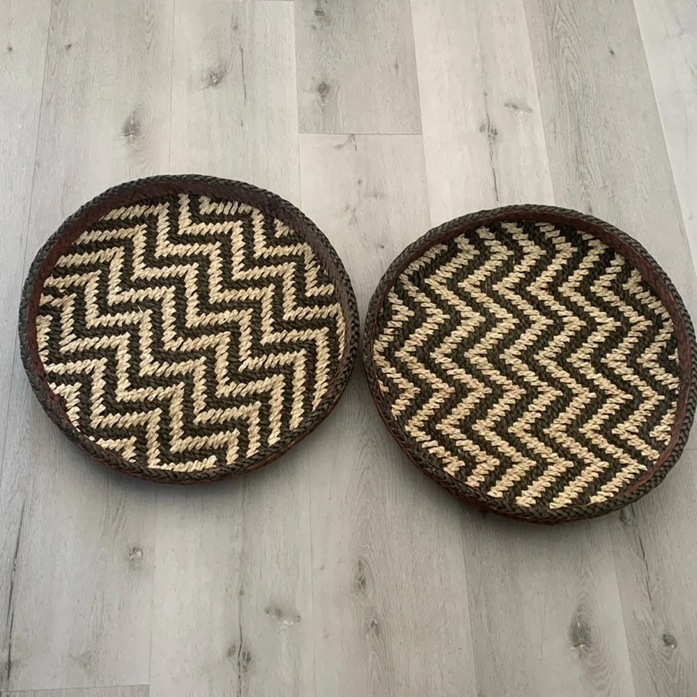 Woven‎ zigzag chevron Set of 2 larger round baskets wallDecor two tones boho art